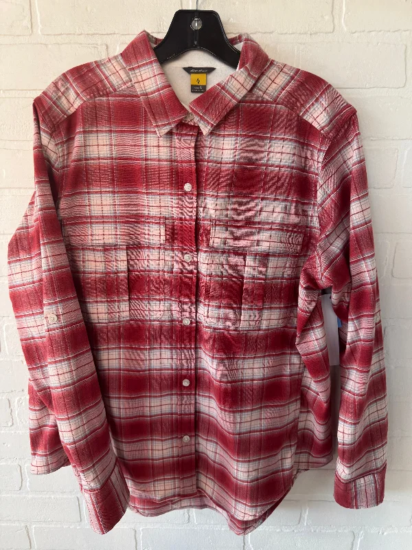 Jacket Shirt By Eddie Bauer In Pink & Red, Size: L