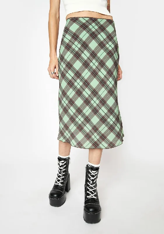 Women's Functional Outdoor Garments Trendy Looks On Sale Green Diamond Plaid Midi Skirt