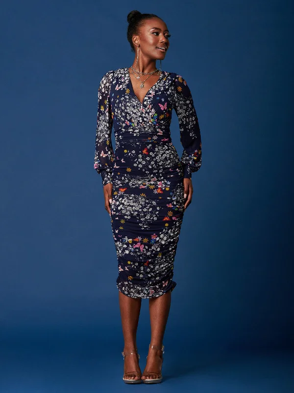 Women's Professional Garments Fashion Forward, Function First Long Sleeve Ruched Mesh Midi Dress, Navy Floral