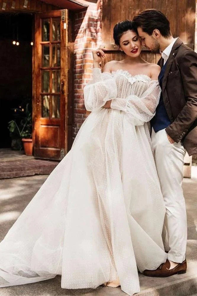 Women's Elegant Formal Outfit Comfortable Chic Off the Shoulder Bride Dress Simple Long Puffy Sleeves Wedding Gown