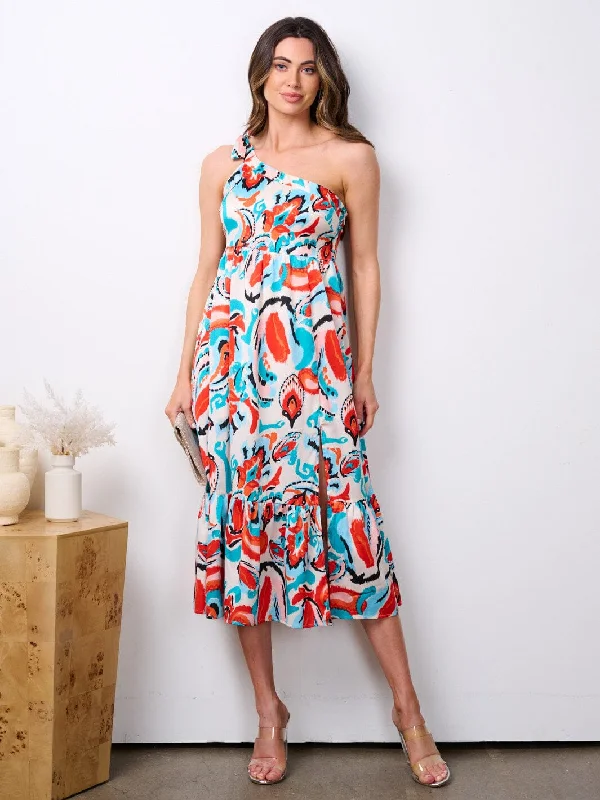 Women's Vacation Outfit Set The Good Stuff WOMEN'S ONE SHOULDER TIERED MULTI PRINT MIDI DRESS