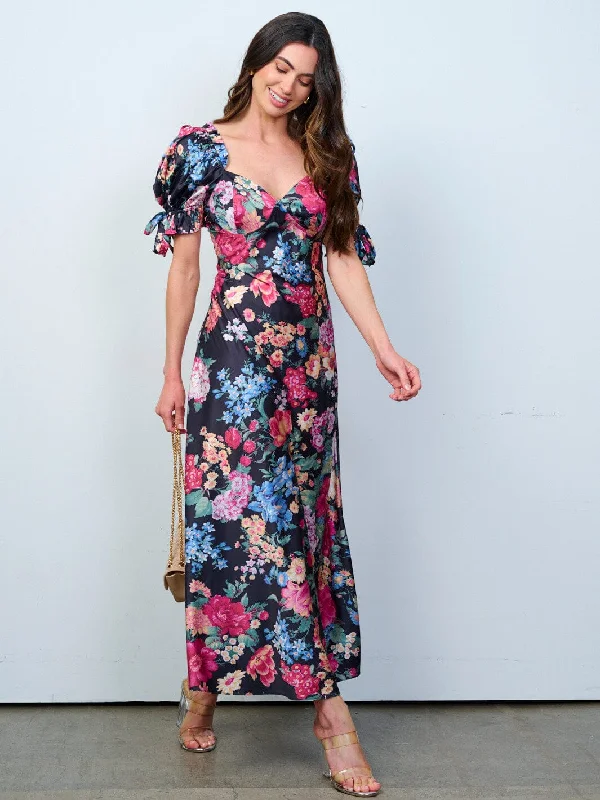 Women's Active Garments For Workouts Limited Time Special Offer WOMEN'S SHORT PUFF SLEEVES V-NECK FLORAL MAXI DRESS