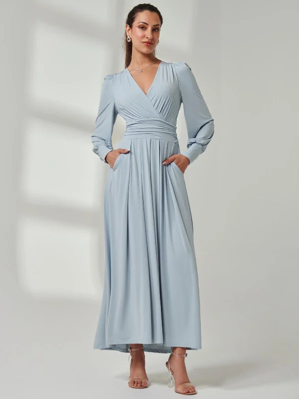 Women's Tops And Clothing Valentine's Special Long Sleeve Soft Silky Jersey Maxi Dress, Ice Blue