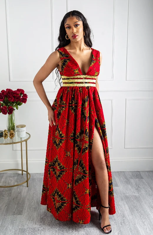 Chic Women's Outfit Day-To-Night Styles Red Ankara Plunge Neckline Maxi Dress - CORDELIA