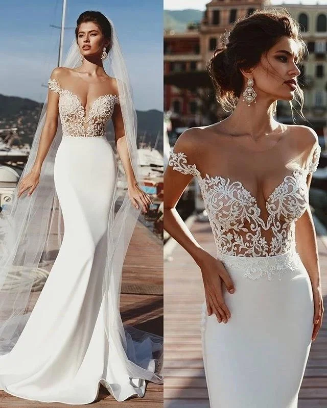 Women's Casual Wear Outfit Retro Style Promotions Stunning Mermaid Cap Sleeve Sheer Neck Long Wedding Dresses Beach Wedding Gowns