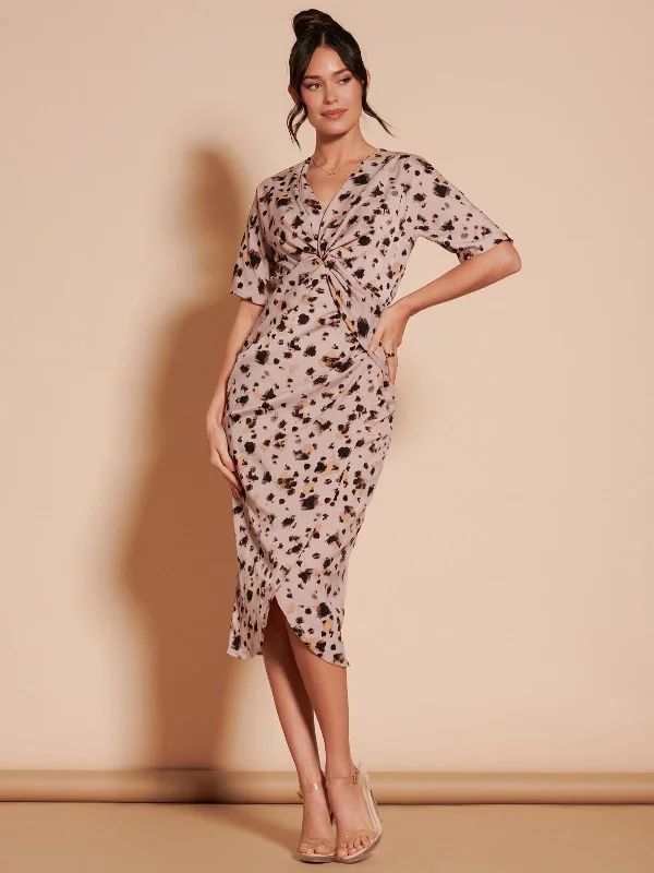 Women's Fashion Clothes Vintage-Inspired Style Offers Print Twist Front Tulip Midi Dress, Dusty Pink