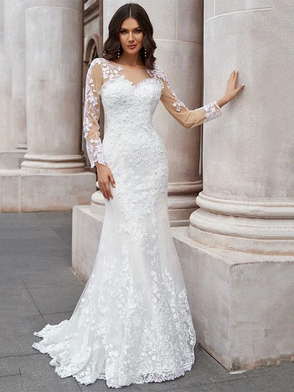 Women's Chic Outerwear Attire Chic Style, Always In Vogue Trumpet/Mermaid Tulle Applique Scoop Long Sleeves Sweep/Brush Train Wedding Dresses