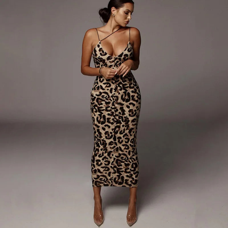 Tailored Clothing For Women Holiday Attire Sale Leopard Print Sleeveless V-neck Sexy Spring Christmas Outfits Midi Dresses