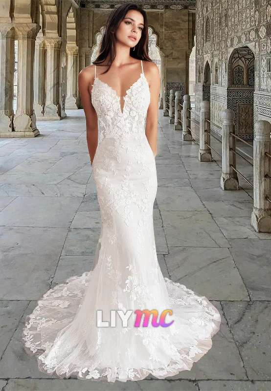 Women's Resort Garments Best Sellers LW914 - V-Neck Sleeveless Appliques Mermaid Beach Wedding Dress