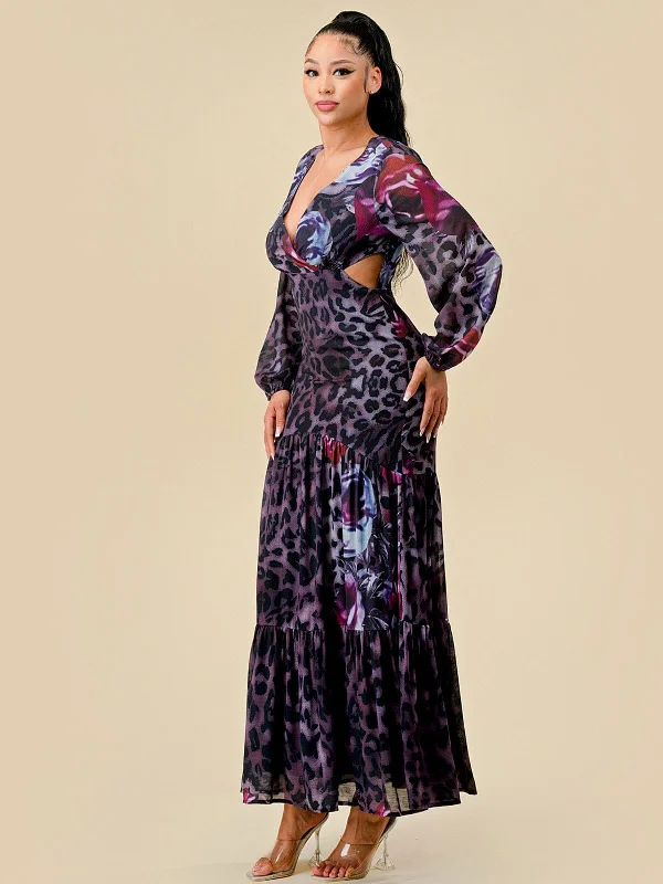 Women's Party Outfit Seasonal Trends WOMEN'S LONG SLEEVES V-NECK CUT OUT ANIMAL PRINT MAXI DRESS