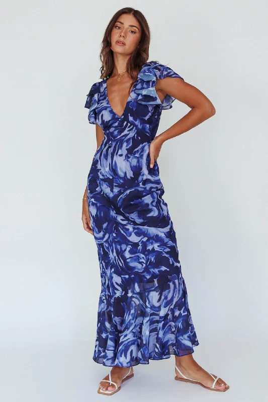 Timeless Women's Garments Seasonal Style Discounts Lydiah Ruffle Sleeve Maxi Dress Floral Blue