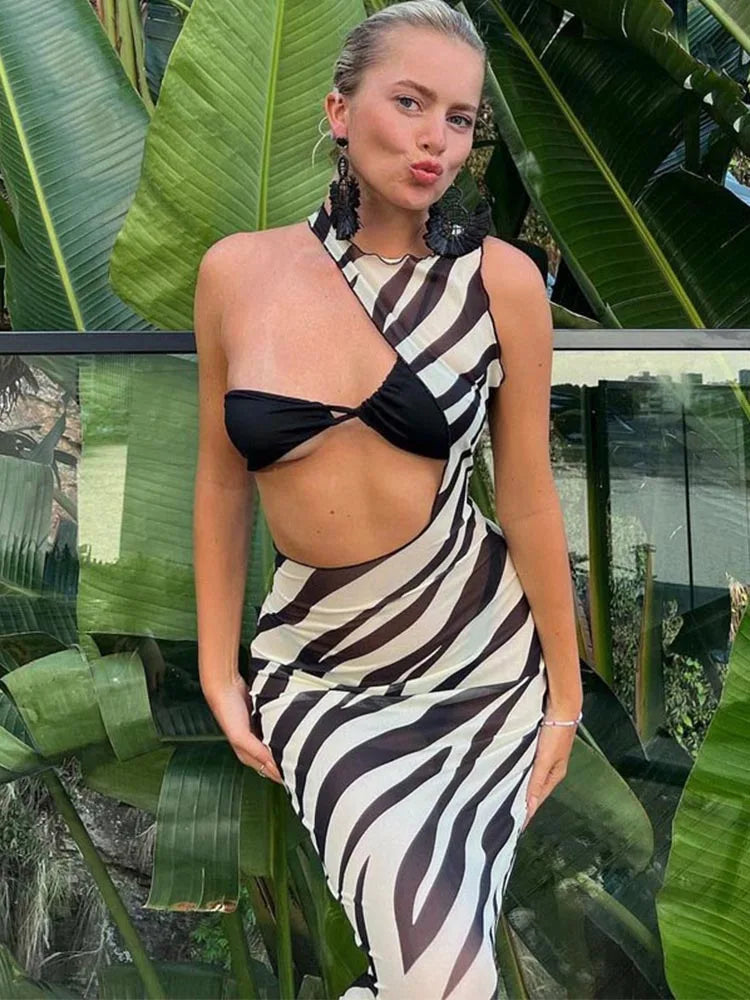 Women's Outerwear Attire Limited Stock, Big Sale Zebra Transparent Striped Cut Out Vacation Midi Dresses