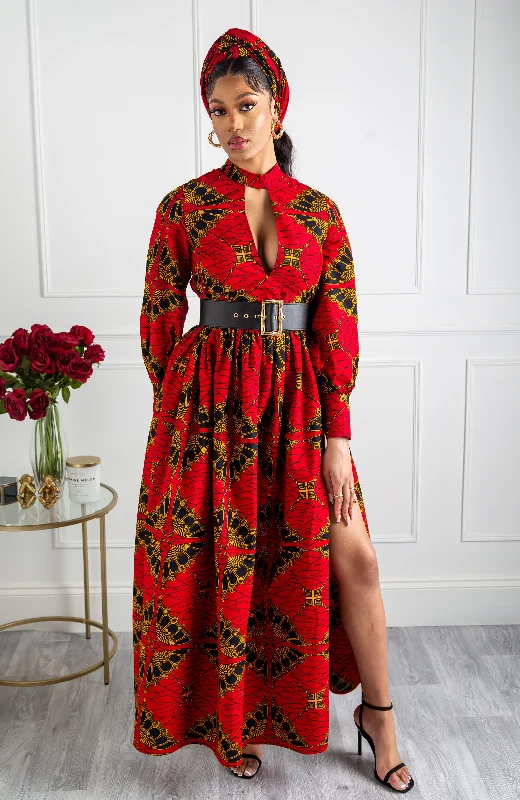 Women's Luxury Garments Limited Time Offers Turtleneck Plunge African Print Maxi Dress | Long Sleeved Maxi Dress - CORDELIA