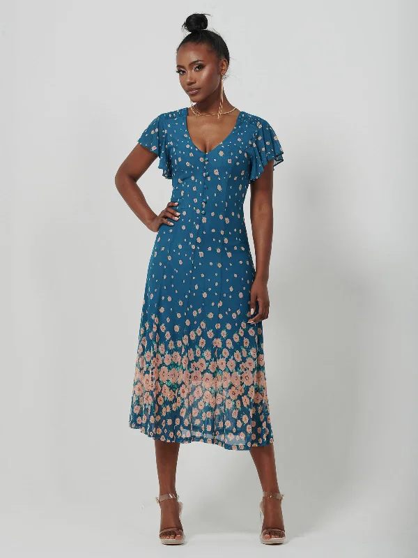 Women's Casual Wear Outfit Explore What'S New Mirrored Mesh Fit & Flare Midi Dress, Teal floral