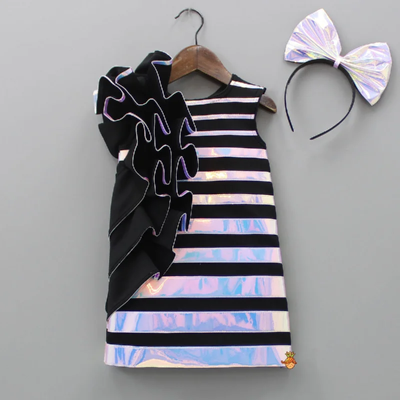 Women's Occasion Wear Clothing Hot Brand Discounts Black Holographic Ruffle Dress With Bow Hair band