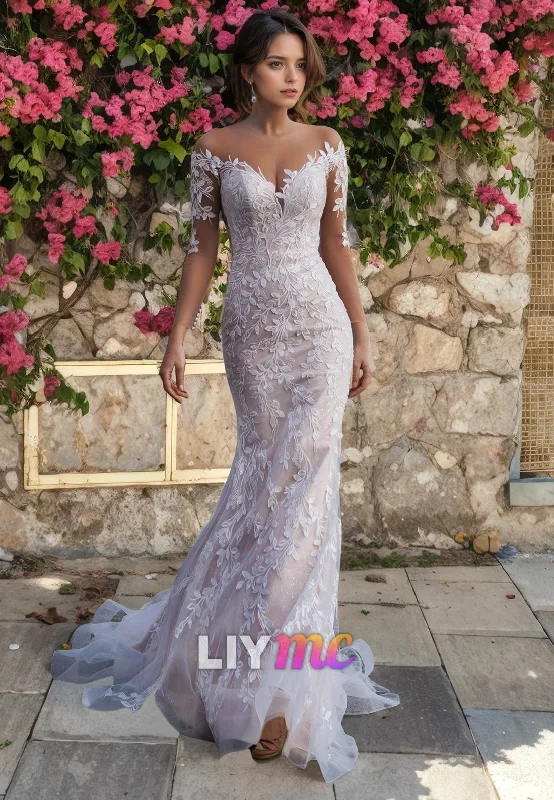 Women's Outfit For The Office Inspired By You, Designed For You Off-Shoulder Half Sleeves Appliques Mermaid Wedding Dres