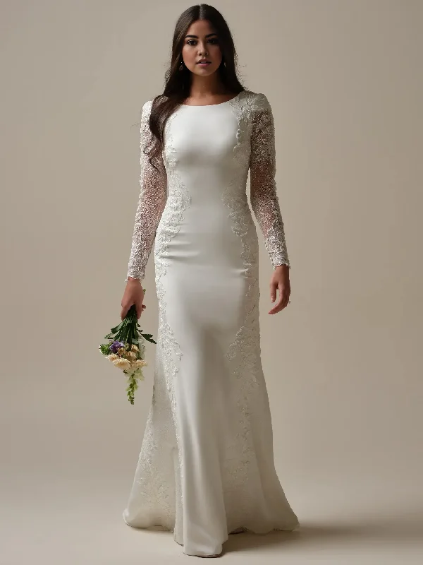 Women's Evening Clothes Classic Elegance Sales Wedding Dress Scoop Neck Long Sleeves Mermaid Beaded Crepe Floral Lace Sparkle Tulle Bridal Gown Formal Wear Dresses