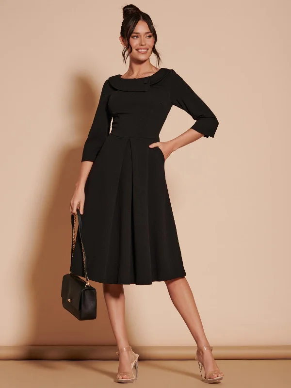 Stylish Women's Apparel Chic Trend Collection 3/4 Sleeve Fold Neck Midi Dress, Black