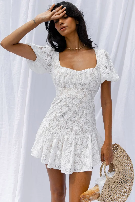 Charming Everyday Clothing For Women Comfortable Chic Petite Cherie Puff Sleeve Lace-Up Back Dress Lace White