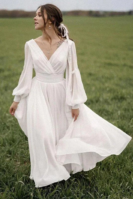 Women's Fashionable Clothing Sets Inspired By You, Designed For You Chiffon Beach Wedding Dresses Puff Sleeve Vintage Bride Dresses V Neck Boho Wedding Gowns