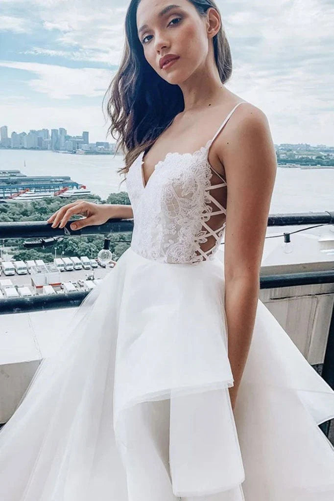 Women's Chic Apparel Urban Style Promotions V Neck Lace Top Spaghetti Straps Wedding Dresses