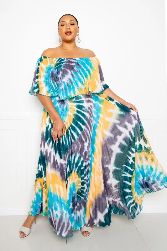 Women's Elegant Outfit Valentine's Special Tie Dye Off Shoulder Pleated Maxi Dress