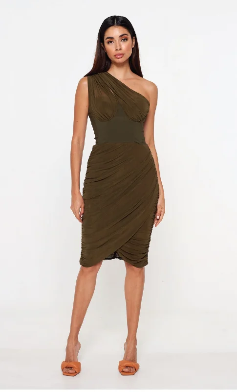 Women's Plus-Size Clothes Exclusive Discount Khaki Asymetric Mesh Drape Dress