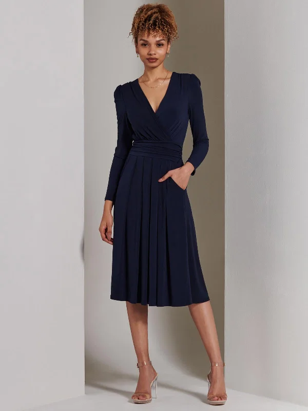 Women's High-Fashion Outfit Shop Sales Plain Long Sleeve Jersey Midi Dress, Navy