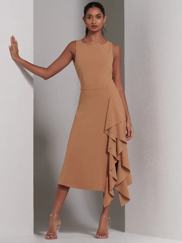 Tailored Clothing For Women On-Trend Fashion Offers Haylen Frill Detail Midi Dress, Tan Brown