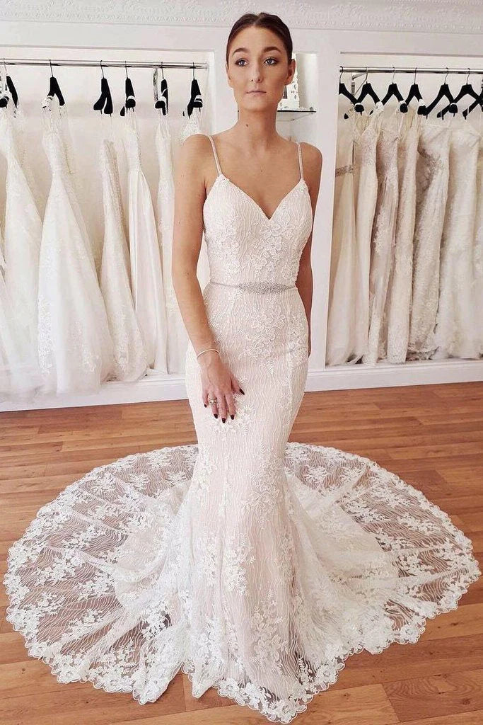 Women's Seasonal Wardrobe Clothing Athleisure Style Sale Elegant Spaghetti Straps Mermaid V Neck Lace Wedding Dresses Beach Bride Dresses