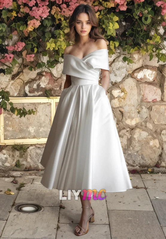 Formal Outfit For Women Low Price Special Off-Shoulder Sleeves Sleek Pleated A-Line Beach Wedding Dress