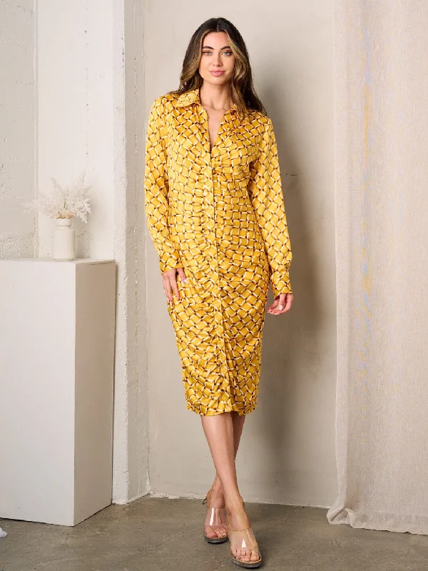 Classic Women's Apparel Seasonal Sale WOMEN'S LONG SLEEVE BUTTON UP MULTI PRINT MIDI DRESS