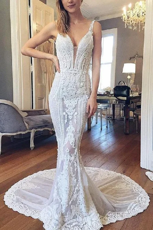 Women's Elegant Outfit Cozy Comfort Style Sale Luxurious Mermaid Lace Ivory V Neck Wedding Dresses