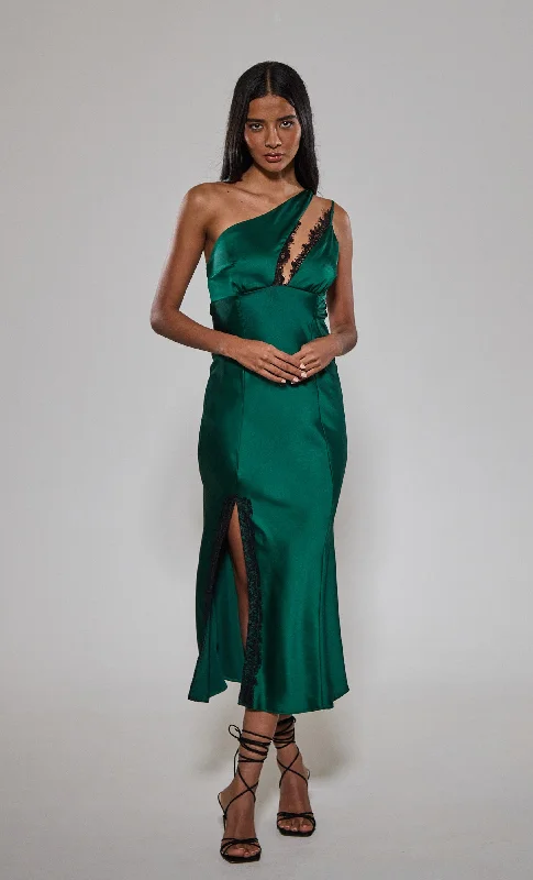 Women's Evening Garments Shop The Hottest Deals Emerald Lace Detail One Shoulder Slip Dress