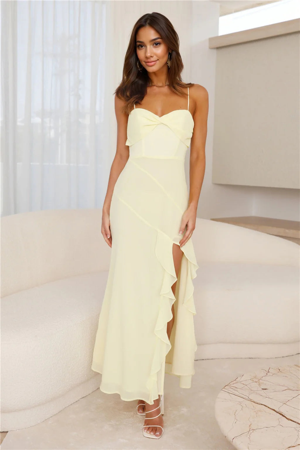 Vintage-Inspired Garments Timeless Style Promotions Fresh Scent Frill Maxi Dress Yellow