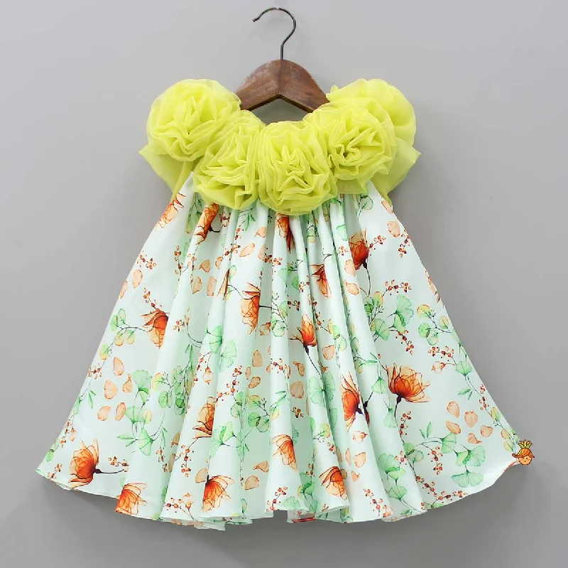 Women's Tailored Outfit Chic Trend Collection Lime Green Floral Printed Rose Flowers Adorned Dress