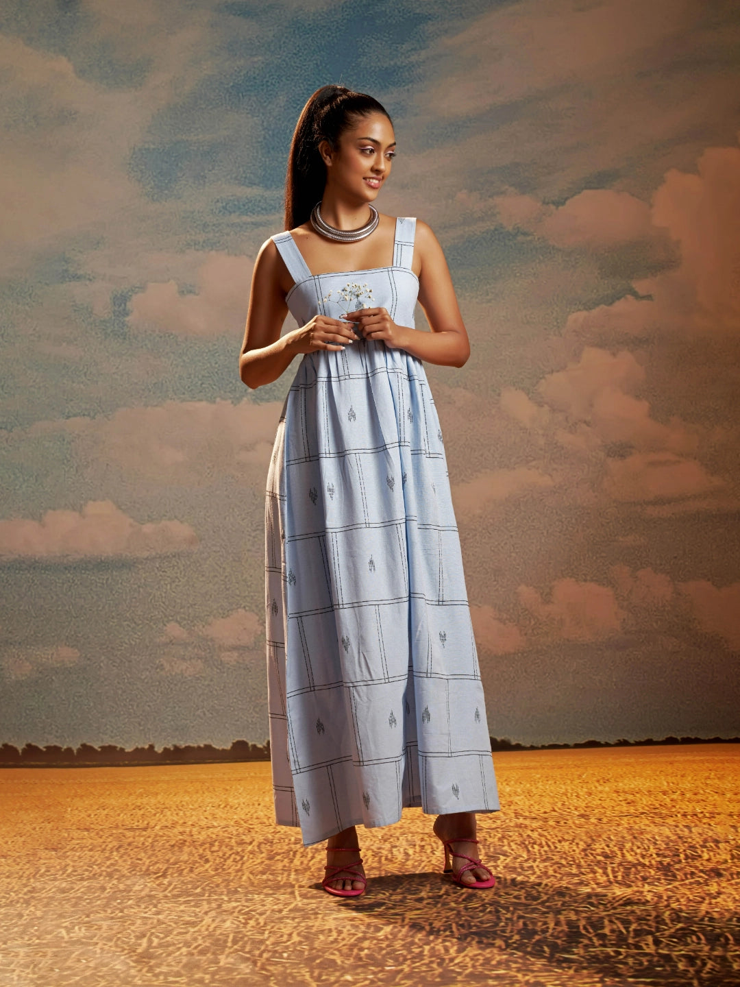 Chic Clothing For Women Fashion Forward Sky Blue Abstract Print Handloom Cotton A-Line Maxi Dress