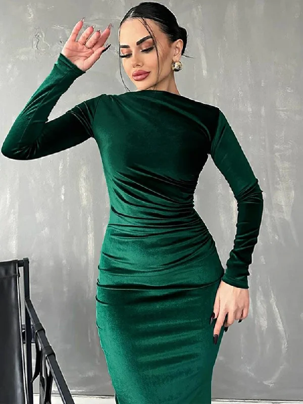 Fashion-Forward Women's Clothing Low Price Special Velvet Long Sleeve Midi Dress - Elegant Party Clothes for Christmas Party