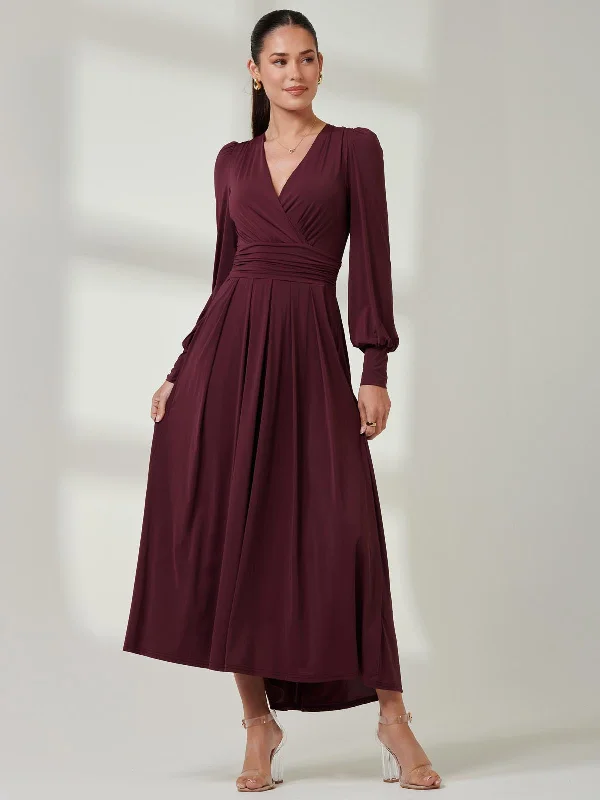 Women's Night-Out Outfit Trendy Street Style Long Sleeve Soft Silky Jersey Maxi Dress, Burgundy