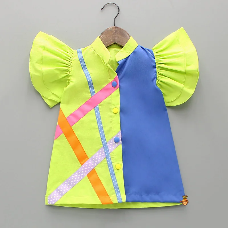 Charming Women's Outfit For Special Occasions Fashion Forward, Function First Neon Green And Blue Colour Block Dress