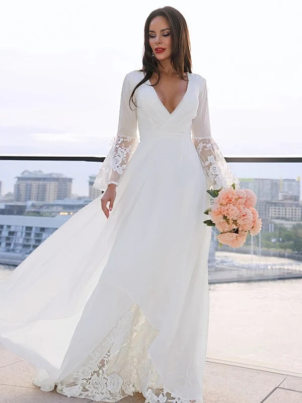 Women's Athletic Garments Final Sale A-Line/Princess Lace V-neck Long Sleeves Sash/Ribbon/Belt Sweep/Brush Train Wedding Dresses