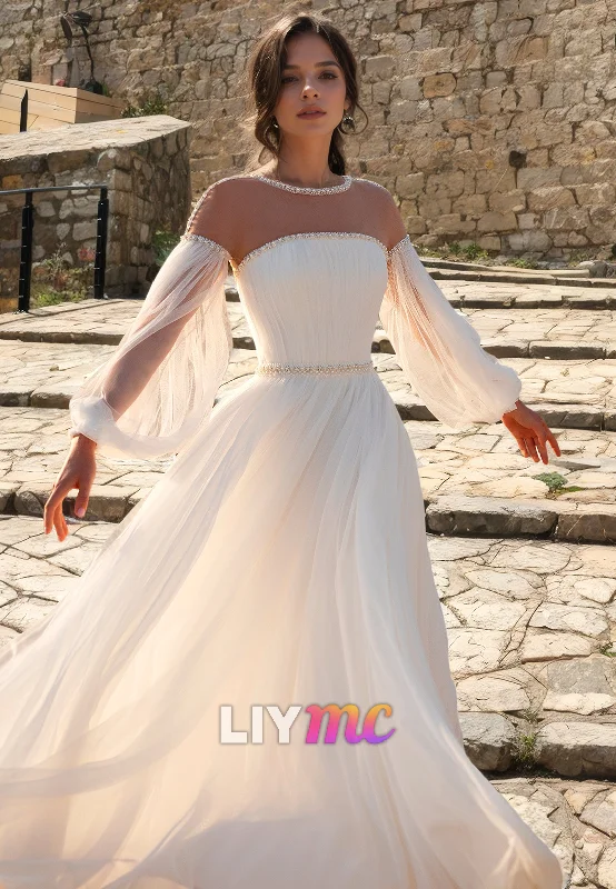 Formal Garments For Women Flash Sale Now LW086 - A Line Illusion Scoop Long Sleeves Beaded Pleated Tulle Long Wedding Dress