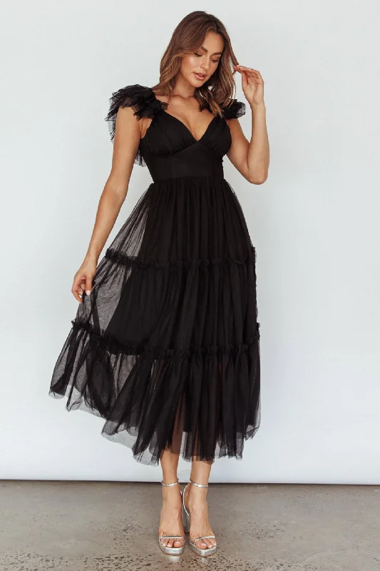 Women's Casual Garments Hot Sale Amal Ruffle Shoulder Tulle Midi Dress Black