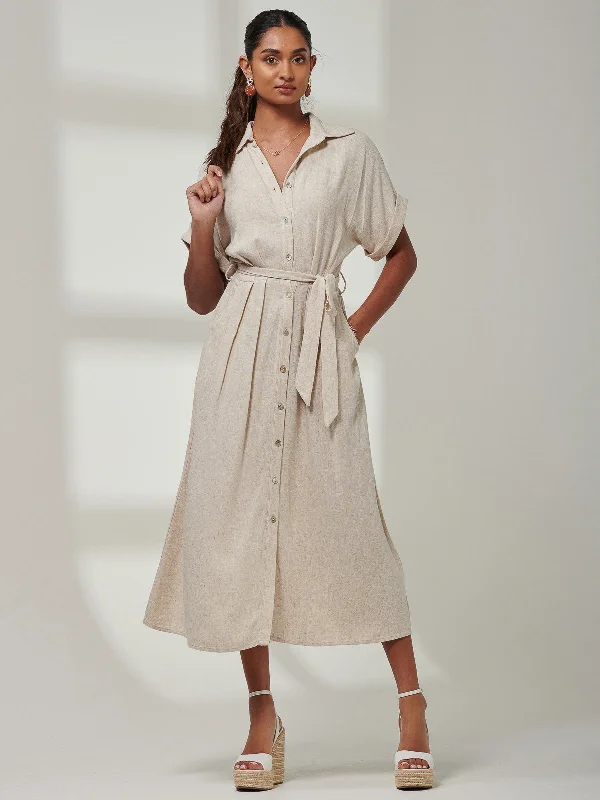 Women's Party Clothes Elegant Style Jessie Linen  Shirt Midi Dress, Oatmeal