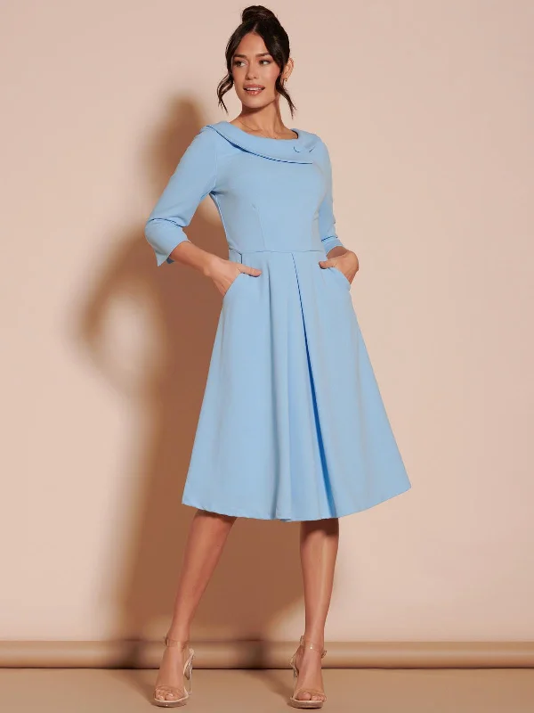 Women's Evening Clothing Fashionista Sale Fold Neckline Sleeved Midi Dress, Light Blue