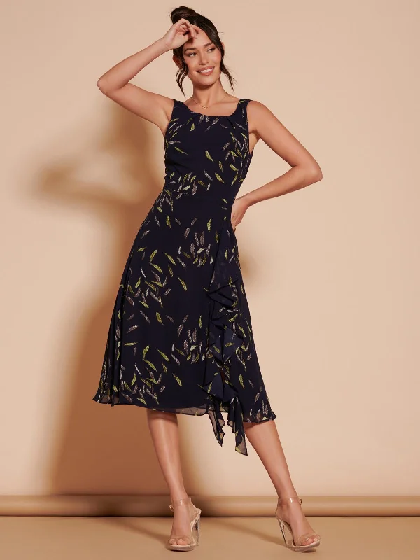 Women's High-End Clothing Limited Stock Print Frill Hem Chiffon Midi Dress, Navy Multi