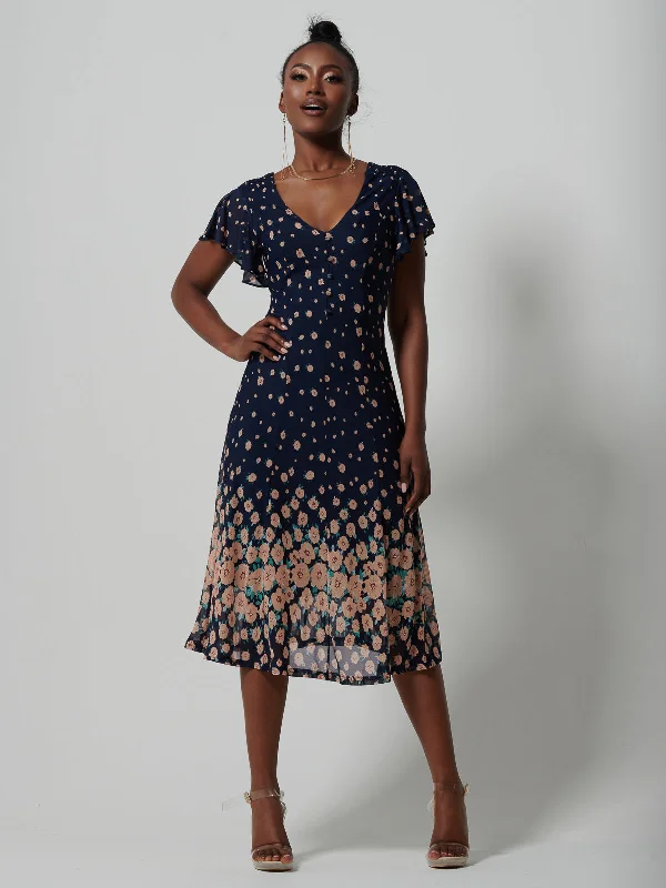 Women's Plus-Size Casual Outfit Limited Stock, Big Sale Mirrored Mesh Fit & Flare Midi Dress, Navy Floral