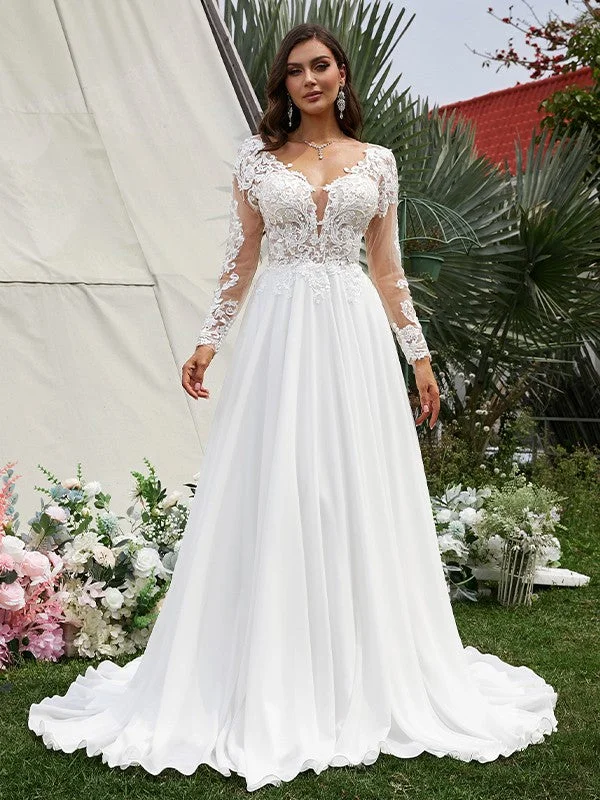 Casual Attire For Women New Season Fashion Preview A-Line/Princess Chiffon Applique V-neck Long Sleeves Sweep/Brush Train Wedding Dresses