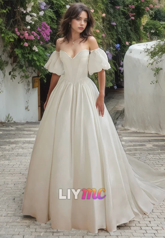 Modern Women's Outfit Additional Time-Limited Offers V-Neck Puff Sleeves Pleated Sleek A-Line Wedding Dress