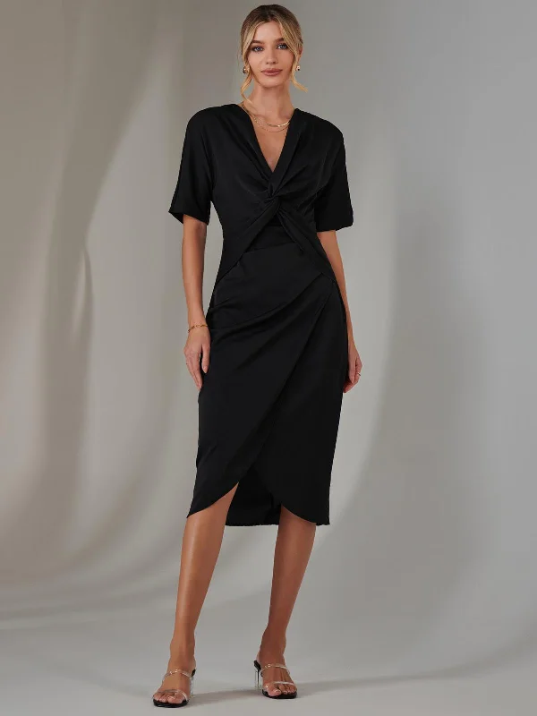 Women's Transitional Apparel Day-To-Night Styles Plain Twist Front Tulip Midi Dress, Black